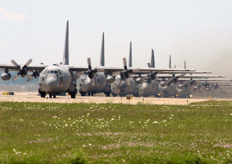 Eight C-130 Hercules aircraft from the Air Force Reserve Command's 911th Airlift Wing return home to Pittsburgh Air Reserve Station, Pa., after participating in Exercise Bold Effort July 14. The purpose of this training exercise was to maintain unit proficiency in re-supplying ground forces during combat operations. (U.S. Air Force photo/Senior Airman Jamie Perry)